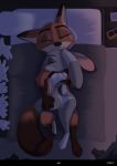  2018 anthro band-aid bandage bed butt canine clothed clothing comic dipstick_ears dipstick_tail disney duo embracing eyes_closed female fox gloves_(marking) hand_on_back hand_on_butt inside judy_hopps lagomorph lying male male/female mammal markings midriff multicolored_tail nick_wilde on_back on_bed on_top panties plushie rabbit sleeping socks_(marking) tears topless underwear yitexity zootopia 