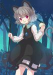  animal_ears bishamonten's_pagoda bloomers commentary_request dowsing_rod dress forest grey_hair holding iris_anemone jewelry mouse_ears mouse_tail nature nazrin pendant red_eyes round_teeth short_hair solo tail teeth touhou underwear 