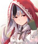  animal_ears black_hair closed_mouth commentary_request fire_emblem fire_emblem_if gloves grey_hair highres hood hood_up long_sleeves multicolored_hair nakabayashi_zun red_eyes simple_background solo two-tone_hair velour_(fire_emblem_if) white_background wolf_ears 