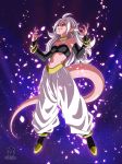  android_21 artist_request breasts dragon_ball dragon_ball_fighterz female looking_at_viewer majin_android_21 monster_girl nail_polish pants pink_skin red_eyes skirt smile solo strapless tail tubetop white_hair 