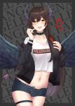  :d black_jacket black_wings blush brown_hair brown_panties casual contemporary cowboy_shot crop_top demon_tail earrings english feathered_wings gaitoou grey_background hand_up heart heart-shaped_pupils highres horns jacket jewelry long_hair navel open_mouth panties sennen_sensou_aigis shirt short_shorts shorts simple_background smile sophie_(sennen_sensou_aigis) stud_earrings symbol-shaped_pupils tail thigh_strap unbuttoned_pants underwear very_long_hair watch white_shirt wings wristwatch yellow_eyes 