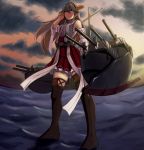  adjusting_hair bare_shoulders boots bow brown_eyes brown_hair detached_sleeves hair_bow haruna_(kantai_collection) highres kantai_collection kazunoko long_hair nontraditional_miko ocean red_skirt rigging sarashi skirt solo thigh_boots thighhighs thighs turret water waves wide_sleeves zettai_ryouiki 