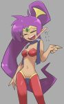  1girl :d chillarism dark_skin eyes_closed female laughing long_hair navel open_mouth pointing pointy_ears ponytail shantae_(character) shantae_(series) smile solo 