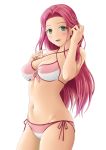  :d bikini blush breasts cleavage collarbone cowboy_shot green_eyes groin hair_ornament hairclip hand_in_hair ibushigin large_breasts long_hair looking_at_viewer navel open_mouth pink_hair rune_factory side-tie_bikini sideboob simple_background smile solo standing swimsuit very_long_hair white_background 