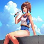  arm_support bangs blue_sky brown_eyes brown_hair cloud covered_navel day eyebrows_visible_through_hair i-401_(kantai_collection) kantai_collection kazunoko looking_at_viewer one-piece_swimsuit ponytail ramune school_swimsuit sidelocks sky smile solo swept_bangs swimsuit thighs 
