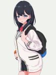  backpack bag bangs black_hair blue_eyes bouen cardigan highres long_hair long_sleeves looking_at_viewer school_uniform scrunchie ssss.gridman takarada_rikka wrist_scrunchie 