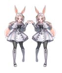  animal_ears arm_up bell black_legwear blade_&amp;_soul blue_eyes boots brown_hair bunny_ears bunny_tail capelet dress full_body grey_capelet grey_dress grey_footwear hair_ornament hairband heart heart_hands heart_hands_duo jewelry jingle_bell knee_boots long_hair lyn_(blade_&amp;_soul) mirrored multiple_girls open_mouth pantyhose pendant rity simple_background smile tail white_background 
