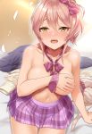  arm_support bangs bed bed_sheet blouse_removed blush bow bra bra_removed breasts collarbone commentary_request covering covering_breasts eyebrows_visible_through_hair eyelashes hair_between_eyes hair_bow hair_ornament hair_ribbon highres idolmaster idolmaster_cinderella_girls jougasaki_mika kazu long_hair looking_at_viewer medium_breasts miniskirt nail_polish navel one_side_up open_mouth pink_hair plaid plaid_skirt pleated_skirt purple_neckwear ribbon sitting skirt solo sweater_removed thighs topless underwear yellow_eyes 