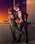 5_fingers abluedeer anthro blue_eyes breasts canine clothed clothing duo female hair male mammal outside purple_hair sky smile standing star starry_sky twilight wolf 
