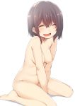  :d ^_^ bangs barefoot between_legs blush breasts brown_hair closed_eyes collarbone commentary_request eyebrows_visible_through_hair facing_viewer groin hand_between_legs medium_breasts nagami_yuu navel nipples nude open_mouth original short_hair simple_background sitting smile solo stomach wariza white_background 