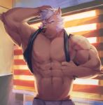  2018 abs anthro biceps bozi canine clothed clothing digital_media_(artwork) fur hair hi_res male mammal muscular muscular_male nipples pecs solo topless 