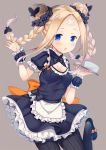  :p abigail_williams_(fate/grand_order) adapted_costume alternate_costume alternate_hairstyle apron bandaid bandaid_on_face bandaid_on_forehead black_footwear black_legwear blonde_hair blue_eyes blush bow braid breasts butterfly_hair_ornament cleavage cleavage_cutout commentary_request cup double_bun dress earrings fate/grand_order fate_(series) frilled_apron frilled_dress frills grey_background hair_ornament hair_scrunchie highres holding holding_tray jewelry ko_yu leg_up long_hair looking_at_viewer maid orange_bow pantyhose polka_dot polka_dot_bow scrunchie shoes short_sleeves sidelocks simple_background small_breasts solo standing standing_on_one_leg striped striped_legwear tongue tongue_out tray twin_braids twintails vertical-striped_legwear vertical_stripes wrist_cuffs 