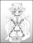  blush cat_and_rabbit demon_girl demon_horns detached_sleeves elsword frown highres horns long_hair luciela_r._sourcream monochrome navel panties panty_pull pointy_ears pubic_tattoo pussy_juice pussy_juice_trail ribbon skirt skirt_lift star star-shaped_pupils symbol-shaped_pupils tattoo underwear 