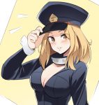  black_hat blonde_hair blush boku_no_hero_academia breasts brown_eyes cleavage collarbone coolisushi eyebrows_visible_through_hair hat highres long_hair looking_at_viewer medium_breasts parted_lips partially_unzipped sketch solo upper_body utsushimi_kemii wrist_cuffs 