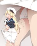  ;d blonde_hair blue_eyes blue_sailor_collar bow bow_panties cameltoe commentary crotch_seam dress dress_lift eyebrows_visible_through_hair from_below gloves hat highres index_finger_raised jervis_(kantai_collection) kantai_collection lifted_by_self long_hair mtu_(orewamuzituda) multiple_views one_eye_closed open_mouth panties sailor_collar sailor_dress sailor_hat smile underwear white_dress white_gloves white_hat white_panties 