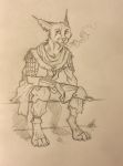  0laffson 2017 4_toes ambiguous_gender anthro barefoot caracal clothed clothing digitigrade ear_piercing feline mammal piercing solo toes traditional_media_(artwork) 