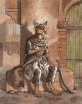  0laffson 2017 5_fingers anthro brown_eyes brown_fur canine city day detailed_background fox fur male mammal outside smile solo traditional_media_(artwork) 