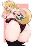  ass blonde_hair blue_eyes blush bowsette breasts crown earrings from_behind highres horns jewelry large_breasts leotard looking_at_viewer looking_back mario_(series) new_super_mario_bros._u_deluxe open_mouth paw_pose piku0piku pointy_ears ponytail sharp_teeth shell sideboob solo super_crown sweatdrop tail teeth thick_thighs thighhighs thighs 