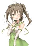  ;d ahoge bangs blush brown_hair center_frills collared_shirt commentary_request detached_sleeves eyebrows_visible_through_hair frilled_shirt_collar frilled_sleeves frills gradient_hair green_eyes green_hair green_skirt hair_between_eyes hand_up heart high-waist_skirt hinako_(anzu15) long_hair long_sleeves looking_at_viewer multicolored_hair one_eye_closed open_mouth original shirt sidelocks simple_background skirt sleeves_past_wrists smile solo twintails upper_body v very_long_hair white_background white_shirt 