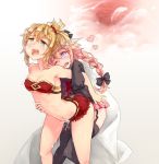  1boy 1girl astolfo_(fate) black_legwear black_ribbon black_shirt blonde_hair bra braid cape cloak clothed_sex cum cum_in_pussy doggystyle ejaculation fate/apocrypha fate_(series) hair_ornament hair_ribbon heart heart-shaped_pupils mordred_(fate) mordred_(fate)_(all) open_mouth penis pink_hair ponytail purple_eyes red_ribbon ribbon saliva saliva_trail school_uniform sex shirt shorts standing_sex symbol-shaped_pupils thighhighs tongue tongue_out uncensored underwear 