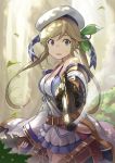  aiming_at_viewer bangs bare_shoulders belt belt_buckle beret blonde_hair blurry breasts buckle cleavage commentary cowboy_shot cucouroux_(granblue_fantasy) day depth_of_field detached_sleeves dress dual_wielding forest granblue_fantasy grey_eyes gun hair_ribbon handgun hat hinami_(hinatamizu) holding holding_gun holding_weapon leaf long_hair looking_at_viewer medium_breasts nature open_mouth outdoors outstretched_arm revolver ribbon smoke smoking_gun solo standing sunlight sweat tree twintails weapon white_hat 