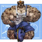  anthro beard belt bulge clothed clothing facial_hair huge_bulge humanoid_penis hyena hyper hyper_muscles male mammal muscular muscular_male oldshep overalls pecs penis penis_outline phone solo standing sweat 