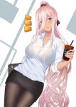  :o asherah_(sennen_sensou_aigis) black_bra black_legwear black_skirt bra breasts dark_skin dutch_angle eyebrows_visible_through_hair eyes_visible_through_hair gaitoou high_ponytail highres iced_coffee large_breasts long_hair looking_at_viewer navel office_lady pantyhose pencil_skirt pink_hair purple_eyes see-through sennen_sensou_aigis shirt sidelocks simple_background skirt solo standing starbucks tan underwear very_long_hair white_background white_shirt 