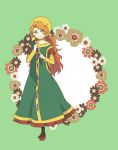  black_legwear breasts brown_hair circle closed_mouth commentary curly_hair dragon_quest dragon_quest_vii dress flat_color floral_background flower full_body green_background green_dress green_eyes head_scarf holding holding_staff long_dress long_hair long_sleeves looking_at_viewer maribel_(dq7) pantyhose polka_dot polka_dot_background red_footwear sekisei_(sk_inko) shoes smile solo staff standing weapon 