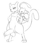  2018 anthro balls blush dripping duo erection floating foreskin humanoid_penis legendary_pok&eacute;mon male male/male mew mewtwo nintendo penis pok&eacute;mon pok&eacute;mon_(species) precum simple_background size_difference somnamg standing thick_tail uncut video_games white_background 