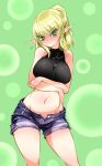  bare_shoulders breasts commentary_request crossed_arms denim denim_shorts green_background green_eyes highres large_breasts looking_at_viewer mizuhashi_parsee navel no_nose pointy_ears ponytail pout pussy_peek raptor7 shirt short_shorts shorts tight_shirt touhou unbuttoned 