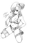  1girl bikini breasts bulma curvy dragon_ball female knife large_breasts long_hair looking_at_viewer monochrome shoes short_shorts shorts side_ponytail sitting solo swimsuit toriyama_akira_(style) traditional_media weapon young_jijii 