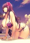  alternate_costume bangs bikini blue_sky bracelet breasts brown_eyes chain cleavage closed_mouth cloud cloudy_sky collarbone eyebrows_visible_through_hair fate/grand_order fate_(series) flower hair_between_eyes hair_flower hair_ornament hakai_shin hibiscus highres huge_breasts jewelry long_hair looking_at_viewer navel outdoors pool purple_bikini purple_hair purple_sarong red_eyes sarong scathach_(fate)_(all) scathach_(fate/grand_order) scathach_(swimsuit_assassin)_(fate) skindentation sky smile solo standing sunset swimsuit water wet 