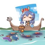  afloat animal bangs bitchcraft123 blue_hair blush boat can canned_food chibi closed_eyes commentary eyebrows_visible_through_hair fan fish food fukae_(kantai_collection) gotland_(kantai_collection) gradient_hair hair_between_eyes hat helmet horned_helmet kantai_collection long_hair mole mole_under_eye multicolored_hair multiple_girls partially_submerged sailor_hat sheep short_hair smile surstromming viking water watercraft 