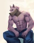  2018 abs anthro biceps bozi canine clothed clothing digital_media_(artwork) fur hi_res male mammal muscular muscular_male pants pecs topless 