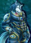  abs anthro bodysuit bulge canine clothing male mammal mane_hair muscular muscular_male skinsuit solo tight_clothing tokyo_afterschool_summoners wolf zipper 暮房＠新アカ 
