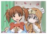  :d alternate_hairstyle animal_costume artist_name bandages bangs bear_costume bear_hood bedroom blue_shirt boko_(girls_und_panzer) brown_eyes brown_hair closed_mouth commentary dated eyebrows_visible_through_hair girls_und_panzer hair_ribbon heart holding holding_stuffed_animal indoors light_brown_hair long_hair long_sleeves looking_at_another looking_at_viewer multiple_girls nishizumi_miho nyororiso_(muyaa) onesie open_mouth pajamas ribbon shimada_arisu shirt short_hair short_twintails signature smile stuffed_animal stuffed_toy twintails 