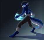  2018 5_fingers anthro black_hair blue_eyes blue_fur canine clothed clothing digital_media_(artwork) digitigrade fur hair male mammal omesore simple_background solo topless 