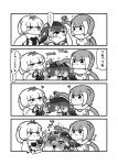  :3 ? animal_ears anteater_ears bare_shoulders blowhole blush bow bowtie comic elbow_gloves embarrassed eyebrows_visible_through_hair fingerless_gloves fur_collar gloves greyscale hair_bow hand_on_another's_head highres kemono_friends kotobuki_(tiny_life) long_sleeves monochrome multiple_girls narwhal_(kemono_friends) nose_blush one-piece_swimsuit otter_ears short_hair silky_anteater_(kemono_friends) sleeveless small-clawed_otter_(kemono_friends) sweatdrop swimsuit translated 