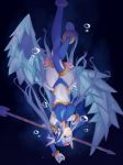  android blue_eyes blue_hair bodysuit bracelet breasts bubble commentary_request covered_navel dark_background gloves helmet highres ice ice_dragon jewelry large_breasts leviathan_(rockman) long_hair nichts_(nil) polearm rockman rockman_zero solo spear thighhighs underwater upside-down weapon 