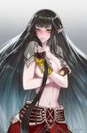  alternate_costume asagik23 black_hair blush breasts chain commentary_request cosplay covering covering_breasts edward_teach_(fate/grand_order) edward_teach_(fate/grand_order)_(cosplay) embarrassed fate/grand_order fate_(series) large_breasts long_hair looking_at_viewer navel pointy_ears semiramis_(fate) slit_pupils solo topless very_long_hair yellow_eyes 