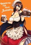  :d alcohol apron bare_shoulders beer beer_mug blue_bow blue_eyes blush bow breasts brown_hair cleavage collarbone contrapposto corset cup detached_sleeves dirndl dress english eyebrows_visible_through_hair frilled_dress frilled_shirt frilled_skirt frills german_clothes hair_between_eyes head_scarf highres hips holding holding_cup large_breasts long_hair looking_at_viewer onigensou open_mouth orange_background original pointy_ears red_skirt shirt short_sleeves side_slit skirt smile solo thank_you thighs underbust very_long_hair waist_apron white_shirt wristband 