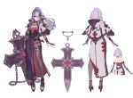  blood bottle breasts chain chyan cross fang full_body hair_ornament hairclip high_heels highres long_hair medium_hair multiple_views original red_eyes stake turnaround vampire variations weapon white_hair 