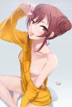  absurdres bare_shoulders barefoot bikini_tan blush bottomless bra bra_pull breasts brown_eyes brown_hair collarbone commentary condom_wrapper filled_condom hair_bun highres idolmaster idolmaster_shiny_colors licking looking_at_viewer nail_polish nipples oosaki_amana partially_undressed q_(ed69) sitting solo sweater tan tanline tongue tongue_out underwear veiny_breasts 
