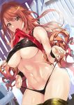  abs arisugawa_natsuha bangs bare_shoulders black_bra black_panties blush bra bra_lift breasts brown_eyes closed_mouth commentary_request hair_between_eyes highres hips idolmaster idolmaster_shiny_colors large_breasts long_hair looking_at_viewer mouth_hold navel panties panty_pull red_hair red_tank_top shirt_lift solo sports_bra thighs toned underboob underwear wavy_hair wristband yuu_(asaiyuji) 