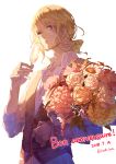  absurdres alcohol axis_powers_hetalia blonde_hair blue_eyes bouquet champagne champagne_flute commentary_request cup dated drink drinking_glass flower france_(hetalia) french highres holding kieshi_heta male_focus one_eye_closed personification simple_background solo twitter_username upper_body waistcoat white_background 