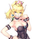  aqua_eyes armpits bangs black_collar black_nails blue_earrings borrowed_design bowsette bracelet breasts cleavage collar collarbone colored_eyelashes commentary_request covered_navel crown earrings evil_grin evil_smile fingernails forked_eyebrows grin half-closed_eyes hand_on_hip hand_up high_ponytail horns jewelry large_breasts long_fingernails long_hair looking_at_viewer mario_(series) nail_polish new_super_mario_bros._u_deluxe ojou-sama_pose princess raika9 sharp_fingernails sharp_teeth shiny shiny_hair sideboob sideways_mouth silver_trim simple_background skin_tight smile solo spiked_armlet spiked_bracelet spiked_collar spiked_shell spikes strapless super_crown teeth thick_eyebrows turtle_shell upper_body white_background 