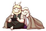  3_toes 4_fingers alpha_channel anthro asgore_dreemurr azenzeph beard bedding blanket blonde_hair boss_monster caprine chest_tuft clothed clothing digital_media_(artwork) duo facial_hair female fur goat hair holding_controller holding_object horn long_ears male mammal nintendo nintendo_switch pants paws red_eyes robe shirt signature simple_background sitting smile teeth toes toriel transparent_background tuft undertale vest video_games white_fur 