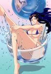  areola_slip areolae bare_legs barefoot bikini black_hair blue_bikini blue_eyes blush breasts cleavage commentary_request cup eyewear_on_head gradient gradient_background hat high_ponytail holding_legs huge_breasts in_container kakutou_oukoku knees_together_feet_apart leg_up long_hair looking_at_viewer minigirl nico_robin one_piece outstretched_arms partially_submerged partially_visible_vulva ponytail simple_background sitting smile solo sunglasses swimsuit tag water 