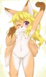  2018 4_fingers alternate_version_at_source anthro blonde_hair blush breasts canine cub cute cute_fangs eigetsu erect_nipples eyelashes fangs female fox fur gloves_(marking) hair highlights inner_ear_fluff kemono long_hair looking_at_viewer mammal markings multicolored_fur navel nipples nude one_eye_closed purple_eyes pussy red_highlights small_breasts smile solo stretching teeth white_fur wink young 