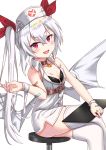  :d azur_lane bandaged_arm bandages bandaid_on_arm bandaid_on_finger bandaid_on_hand bangs bare_shoulders bat_wings bikini_top black_bikini_top blush breasts crossed_legs dress eyebrows_visible_through_hair fang fingernails garter_straps hair_between_eyes hair_ribbon hat head_tilt heart highres holding long_hair low_wings nurse_cap open_mouth red_eyes red_ribbon ribbon silver_hair simple_background sitting sleeveless sleeveless_dress small_breasts smile solo stool thighhighs tsukiman twintails vampire_(azur_lane) very_long_hair white_background white_dress white_hat white_legwear white_wings wings 